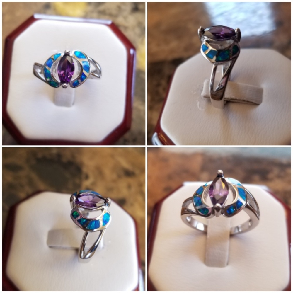 Genuine 1ct Amethyst/Australian Opal Ring Size 7 - Picture 2 of 5